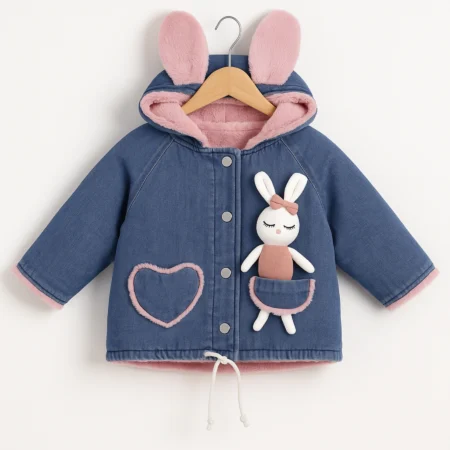 Winter Hooded denim Jacket with Bunny Doll  & Ear Design | Warm Soft Fabric Jacket for Girls