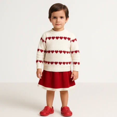 Girls Winter Knit 2-Piece Set | Heart Pattern Sweater with Skirt | Warm & Soft Winter Outfit for Girls