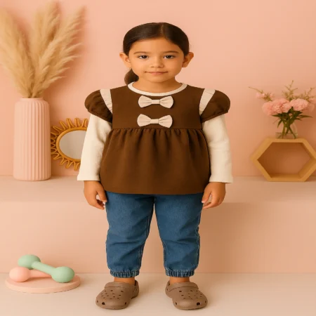 Girls’ Two-Piece Dress Set (Textured Long Sleeve Top + Sleeveless Bow Dress)