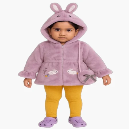 Winter Plush Hooded Jacket with Bunny Ears & Mini Purse | Soft Warm Coat for  Girls