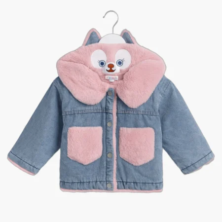 Winter Denim Jacket with Soft Fur Collar & Cute Cartoon Patch | Warm & Cozy Front Open Jacket for Girls