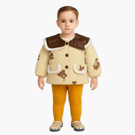 Winter Quilted Jacket with Floral Embroidery & Faux Fur Pocket – Warm Button-Front Coat for Boys & Girls
