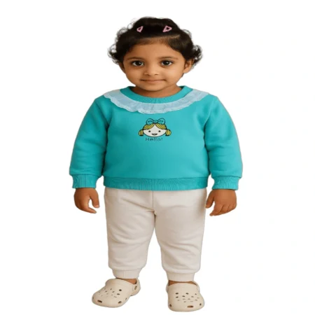 Winter Sweatshirt with Lace Neck Detail | Cute Cartoon Print Warm Top for Girls