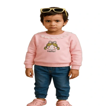 Winter Sweatshirt with Lace Neck with Cute Cartoon Print for Girls