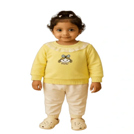 Girls Winter Yellow Sweatshirt with Cute Girl Print & Frill Neck | Warm Soft Full Sleeve