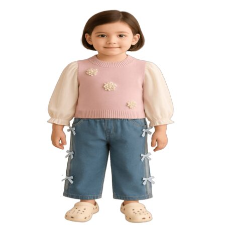Toddler Girls Outfit Set – Puff Sleeve Blouse with Flower Knit Vest and Bow Detail Denim Pants, Cute Casual 2-Piece Clothing Set for Kids