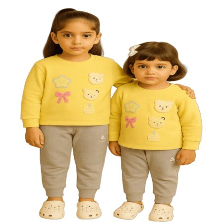 Girls Winter 2-Piece Clothing Set – Full Sleeve Sweatshirt & Joggers Set with Cute Applique Design