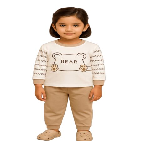 Toddler Girls Outfit Set – Cute Bear Print Sweatshirt and Jogger Pants, Soft Cotton 2-Piece Casual Clothing Set for Kids
