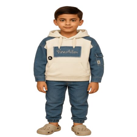Kids Denim Sleeve Hoodie Sweatshirt – Stylish Color Block Pullover with Hood | Casual Streetwear Top for Boys & Girls