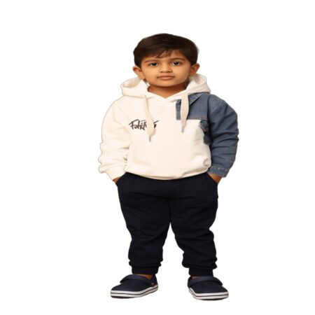Baby Toddler Hooded Sweatshirt – Color Block Pullover with Denim-Style Patchwork Sleeve, Long Sleeve Casual Hoodie for Boys