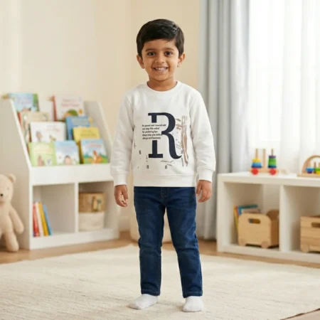 White Alphabet Print Winter Sweatshirt for Girls