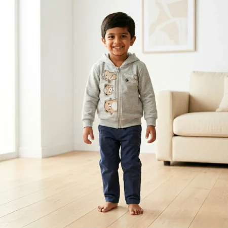 Teddy Print Hooded Winter Sweatshirt with Full Front Zipper | Easy Wear for Boys