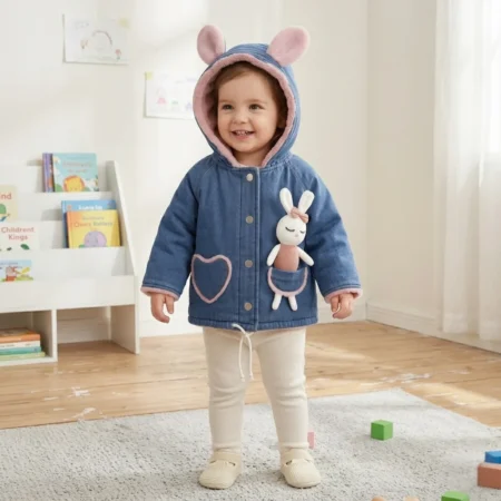 Winter Hooded denim Jacket with Bunny Doll  & Ear Design | Warm Soft Fabric Jacket for Girls
