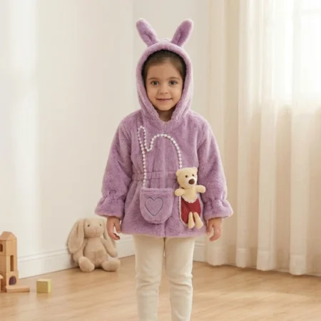 Girls Plush Winter Jacket with Bunny Ear Hood & Teddy Doll | Soft Warm Faux Fur Coat for Girls