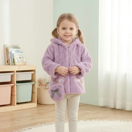 Winter Plush Hooded Jacket with Bunny Ears & Mini Purse | Soft Warm Coat for  Girls