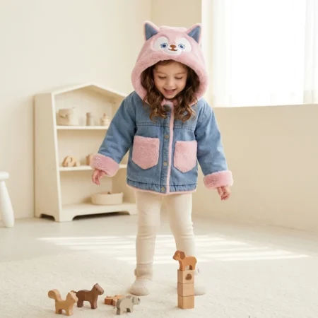 Winter Denim Jacket with Soft Fur Collar & Cute Cartoon Patch | Warm & Cozy Front Open Jacket for Girls