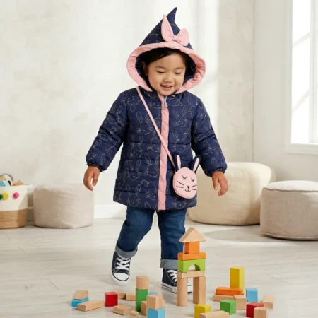 Winter Hooded Jacket with Bunny Print & Bow Detail – Front Open Warm Padded Jacket for  Girls