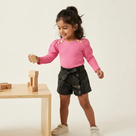 Girls 2-Piece Outfit Set – Ribbed Full Sleeve Top with Button Detail & High-Waist Shorts