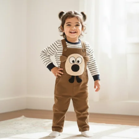 Toddler Girls Clothing Set 2-Piece Outfit – Long Sleeve Striped T-Shirt with Cartoon Dog Dungaree Overalls, Cute Casual Wear for Kids