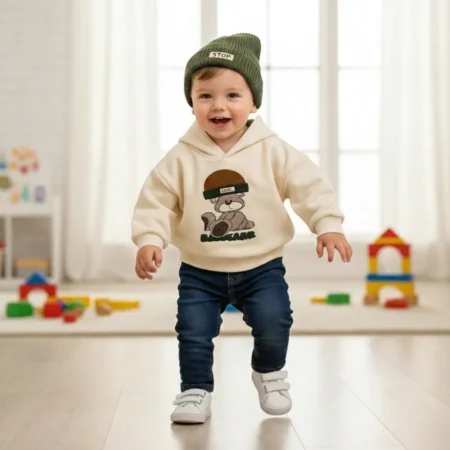 Baby Hoodie Sweatshirt, Soft Cotton Hooded Pullover with Bear Print, Long Sleeve Infant Toddler Sweatshirt for Fall & Winter