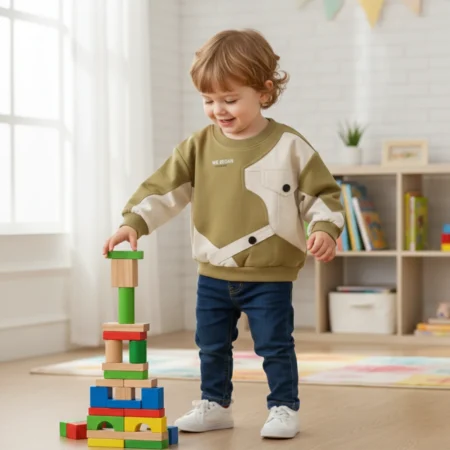 Kids Color Block Sweatshirt – Soft Cotton Pullover with Pocket Detail, Casual Winter Top for Boys & Girls