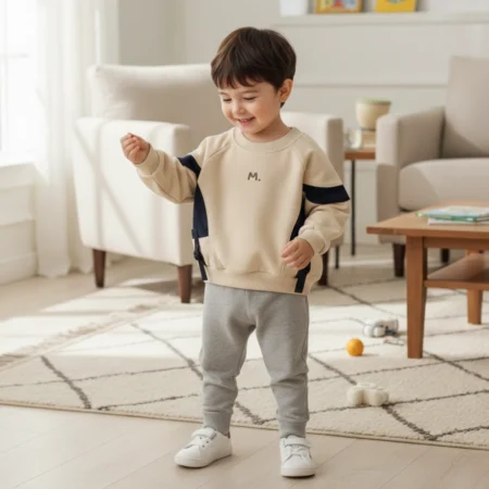 Baby Toddler Sweatshirt – Color Block Long Sleeve Pullover with Decorative Strap Detail, Casual Crewneck Top for Boys