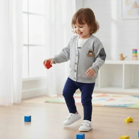 Baby Girls Cardigan Sweater, Soft Cotton Button-Down Jacket with Elbow Patches, Lightweight Long Sleeve Cardigan for Winter