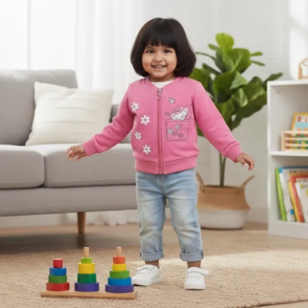 Baby Girls Zip-Up Sweatshirt Jacket – Soft Cotton Pink Jacket with Cute Cartoon Print, Casual Winter Wear