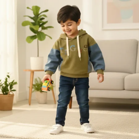 Kids Color Block Hoodie Sweatshirt – Soft Cotton Blend Pullover with Hood & Drawstring, Casual Winter Wear for Boys & Girls