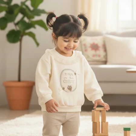 Baby Girls Sweatshirt Top – Cream Color Soft Cotton Blend Pullover with Frill Neck & Cute Print, Full Sleeve Casual Wear