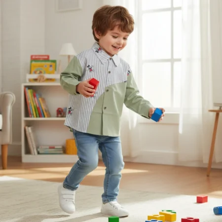 Boys Casual Shirt – Sage Green & Striped Asymmetrical Long Sleeve