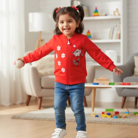 Kids Girls Zip-Up Sweatshirt Jacket – Red Floral Print, Soft Cotton, Full Sleeve Casual Outerwear