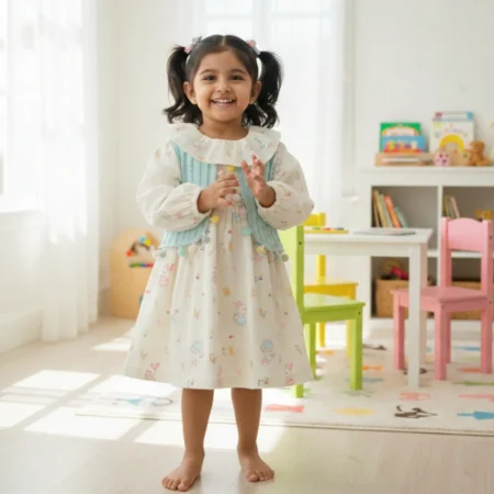 Girls' Long Sleeve Bunny Print Dress