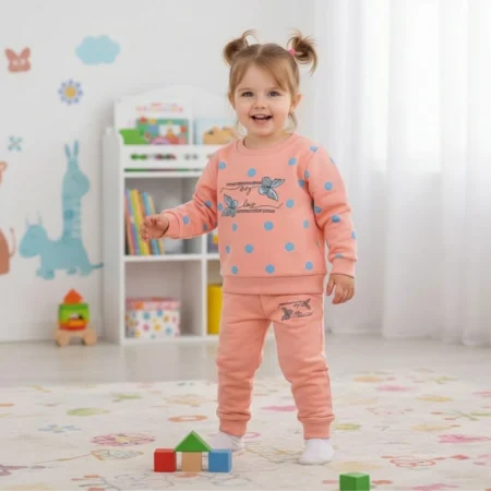 Toddler Girls Sweatshirt and Pants Set – 2-Piece Polka Dot Outfit with Butterfly Print, Soft Cotton Long Sleeve Tracksuit for Babies & Toddlers
