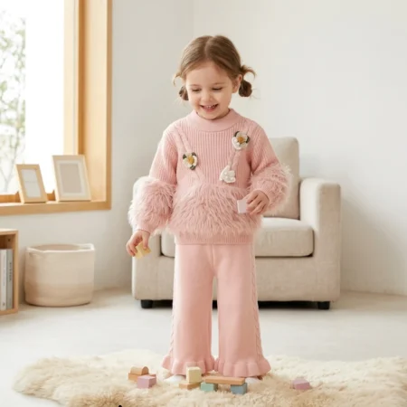Girls Winter Sweater & Pant Set with Faux Fur