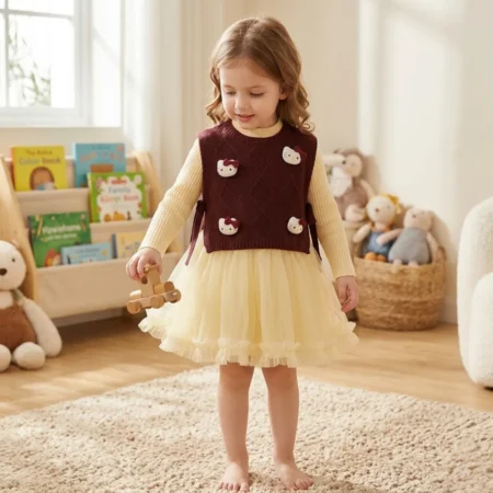 Stylish 2-Piece Winter Set with Inner Dress and Applique Sleeveless Top