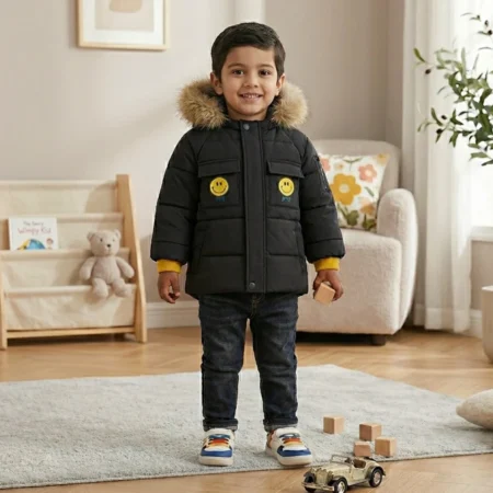 Winter Puffer Jacket with Fur Hood & Smiley Patch | Warm Quilted Jacket for Boys & Girls | Front Open Winter Wear