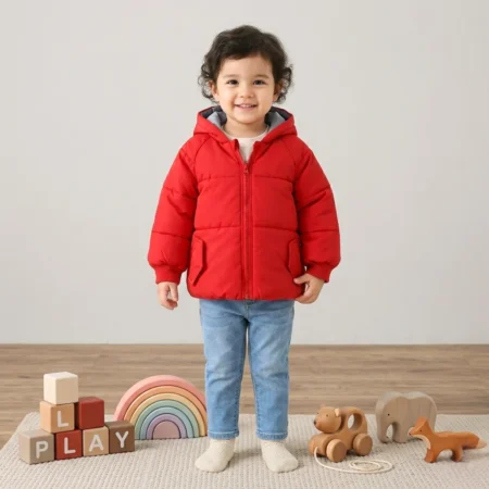 Girls Winter Padded Jacket with Banana Print Back | Warm Hooded Jacket for Girls | Soft & Cozy Winter Wear