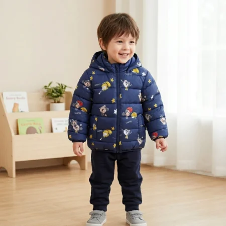 Winter Puffer Jacket with Cute Cartoon Print | Warm Hooded Jacket for Boys & Girls