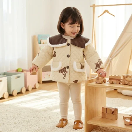 Winter Quilted Jacket with Floral Embroidery & Faux Fur Pocket – Warm Button-Front Coat for Boys & Girls