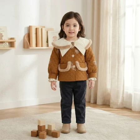 Winter Quilted Jacket with Faux Fur Collar & Pocket Trim | Warm Button-Front Jacket for Boys & Girls