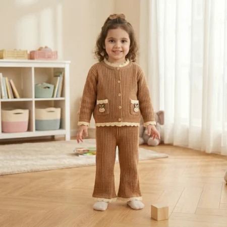 Girls Winter  2-Piece Set – Warm Ribbed Cardigan Top with Joggers