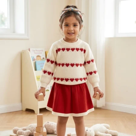 Girls Winter Knit 2-Piece Set | Heart Pattern Sweater with Skirt | Warm & Soft Winter Outfit for Girls