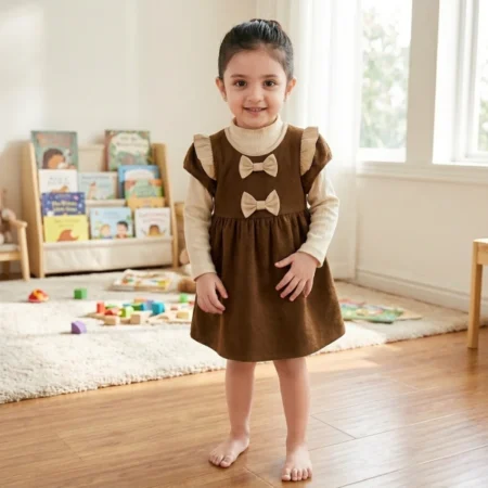 Girls’ Two-Piece Dress Set (Textured Long Sleeve Top + Sleeveless Bow Dress)