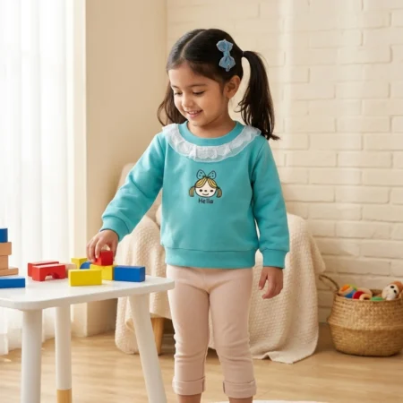 Winter Sweatshirt with Lace Neck Detail | Cute Cartoon Print Warm Top for Girls