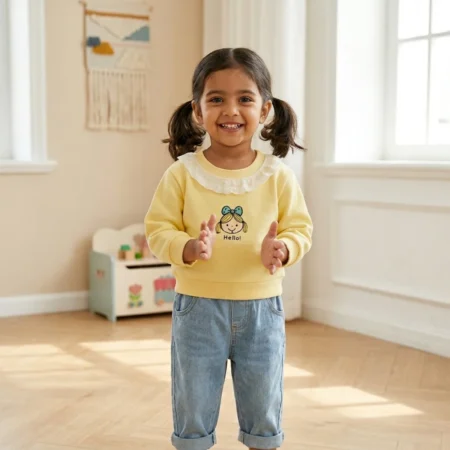 Girls Winter Yellow Sweatshirt with Cute Girl Print & Frill Neck | Warm Soft Full Sleeve