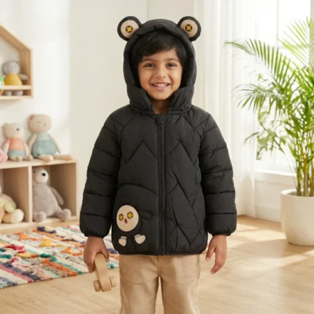 Winter Puffer Jacket with Cute Doll Patch & Hood | Warm Front-Open Quilted Jacket for Boys & Girls