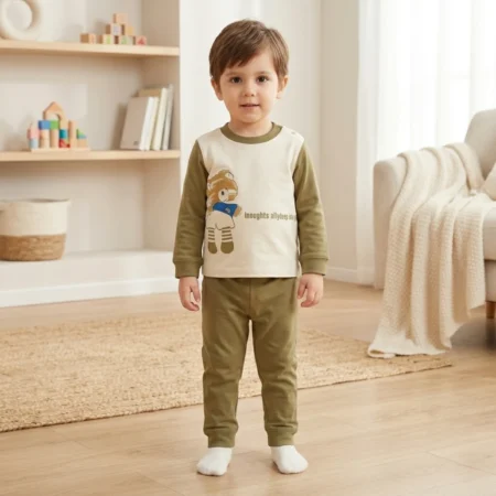 Boys Bear Print T-Shirt and Pants Outfit Set – Long Sleeve Cotton Top with Elastic Waist Jogger Pants, Comfortable 2-Piece Clothing Set for Kids