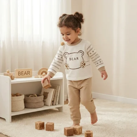 Toddler Girls Outfit Set – Cute Bear Print Sweatshirt and Jogger Pants, Soft Cotton 2-Piece Casual Clothing Set for Kids