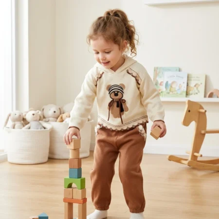 Baby Boys Hoodie and Pants Outfit Set – Cute Bear Printed Hooded Sweatshirt with Elastic Waist Jogger Pants, Soft Cotton 2-Piece Clothing Set for Infants & Toddlers